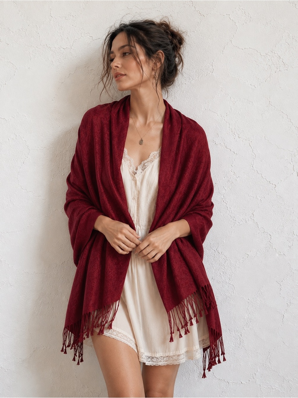 Vintage Burgundy Silk Blend Pashmina Shawl Wrap Fringe Scarf Boho